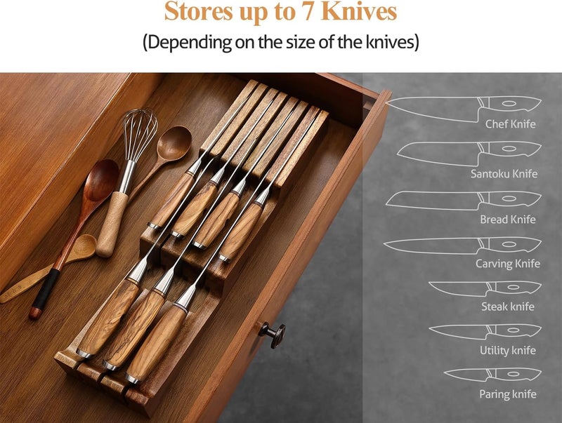 XINZUO In-drawer Knife Block, Natural Acacia Knife Drawer Oganizer, Insert-Kitchen Storage Holder, 7 Slots, Holds up to 7 Various Size Knives, Countertop Saving&Knife Protective - Image 3